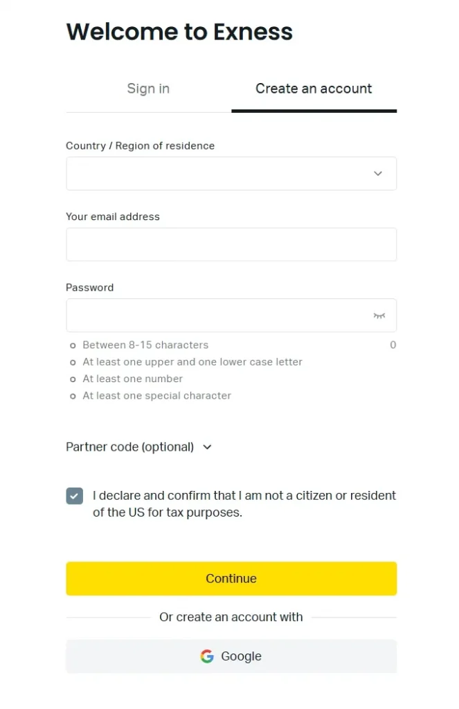Exness registration